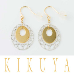 [KIKUYA] K18/K18WG コンビ透かしオーバルデザインフックピアス