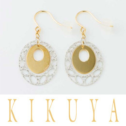 [KIKUYA] K18/K18WG コンビ透かしオーバルデザインフックピアス